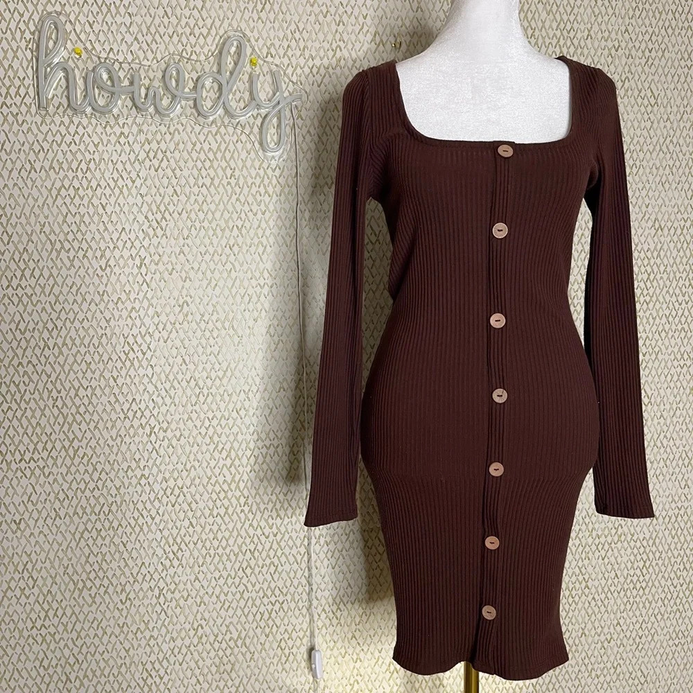 Dark Brown Button Down Bodycon Ribbed Sweater Dress Iris Boutique Brand Size L